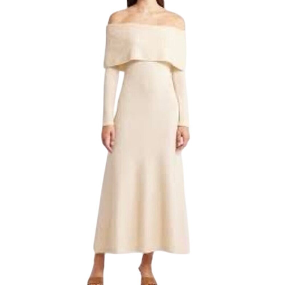 NEW MOON RIVER Off-the-Shoulder Knit Sweater Dress in Oatmeal Women's Sz L